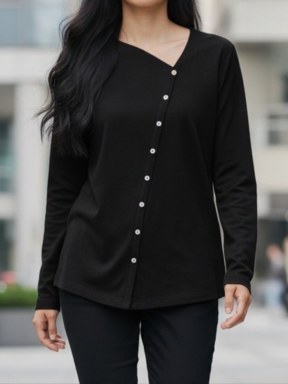 Madewell Black Asymmetrical Button Front Cardigan Top Size XL Ribbed V-Neck
